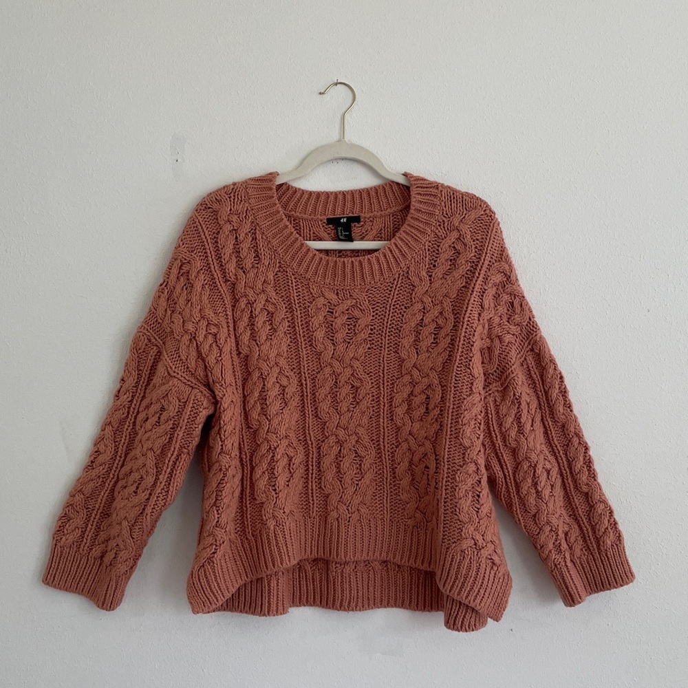 H&M Cable Knit Crewneck Sweater Cropped Dolman Chunky Pullover Wool Blend